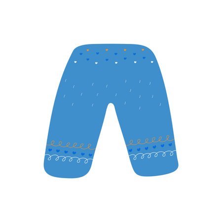 Blue Pants in cartoon style. Cute trouses with patterns and hearts. Vector illustration isolated on white backgroundのイラスト素材