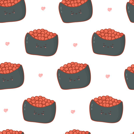 Seamless pattern with cartoon kawaii sushi with caviar. Cute anime print for phone case, backgrounds, fashion, wrapping paper and textile. Vector Illustrationのイラスト素材