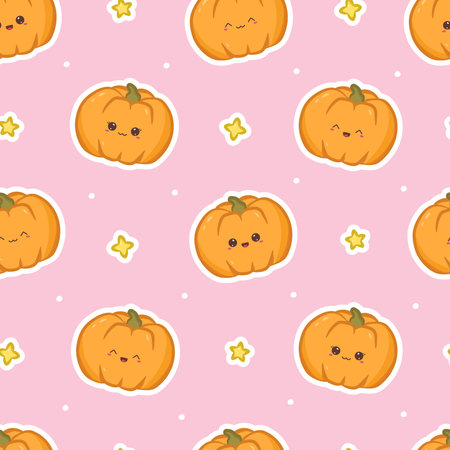 Seamless pattern with stickers pumpkin and stars. Cute kawaii print for design, phone case, background, wrapping paper, textile and web design. vector illustrationのイラスト素材