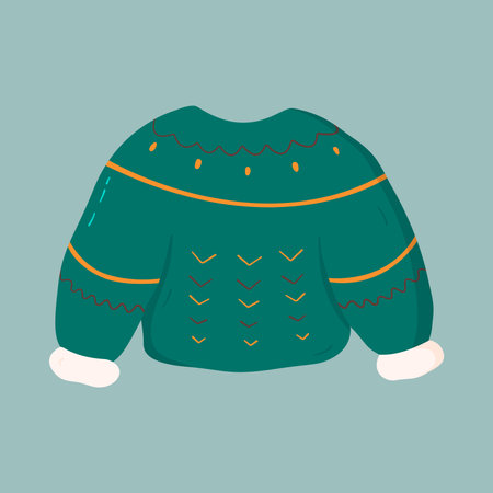 Green winter, autumn sweater with pattern. Warm clothes isolated on blue background in cartoon style. Vector illustrationのイラスト素材