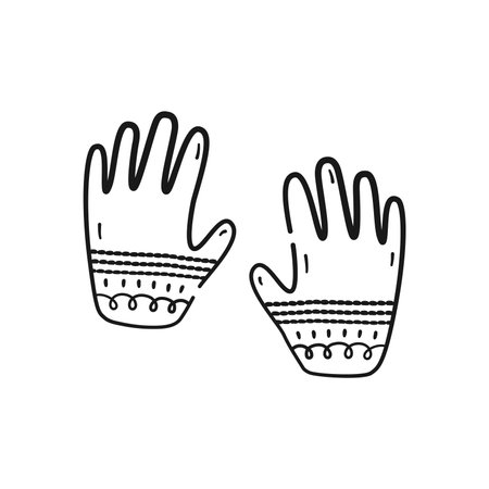 Winter and autumn gloves. Hand drawn accessory with pattern in black linear drawing style. Vector illustration isolated on white backgroundのイラスト素材