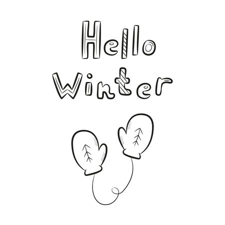 Hello Winter doodle lettering and mittens. Hand drawn text and winter element. Vector illustrationのイラスト素材