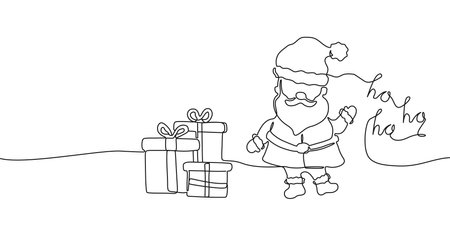 Continuous one line drawing of gift boxes, Santa Claus and ho ho ho. Festive concept in line art style isolated on white background. Vector illustrationのイラスト素材