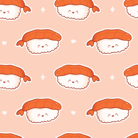 Kawaii seamless pattern with sushi with funny face. Vector cute print asian food in cartoon style for phone case, backgrounds, fashion, wrapping paper and textileのイラスト素材