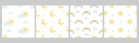 Collection of kids kawaii seamless patterns with funny star, rainbow, sun and cloud, moon. Cute prints for phone case, backgrounds, fashion, wrapping paper and textile. Vectorのイラスト素材