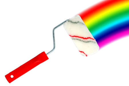 Paint roller and rainbow on white background.の写真素材