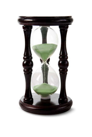 Wood hour-glass with green sand. Isolated on white background