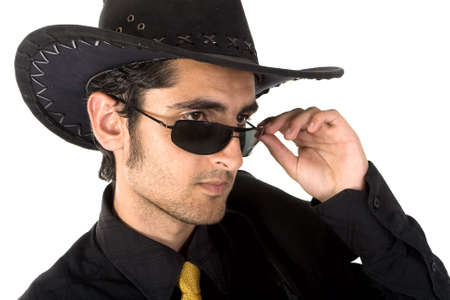 Portrait of handsome  man with black sunglasses. Isolated on white background.の写真素材