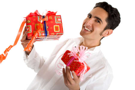 Portrait of glamour man with present. Isolated on white background.の写真素材