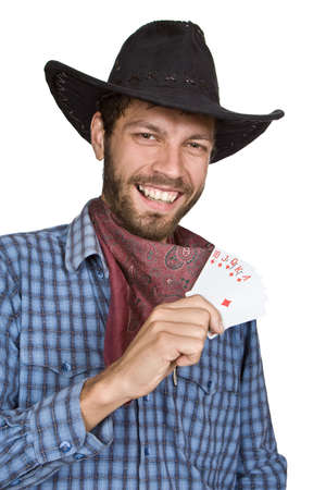 Young man with playing-cards in black broad-brim.