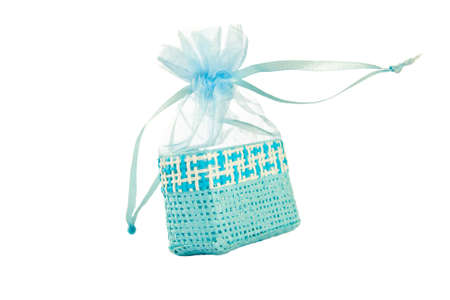 Blue straw paper-bag. Isolated on white background.の写真素材