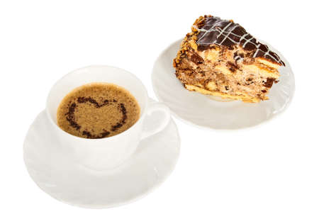 Cup of coffee with nut cake on white backgroundの写真素材