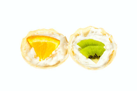 Dessert with fruits in waffle basket  Isolated on white background の写真素材