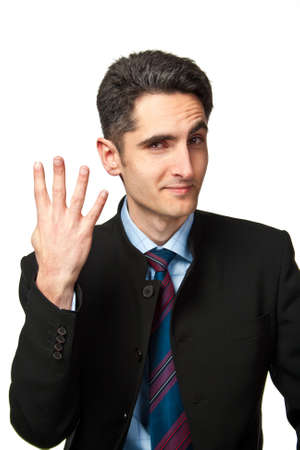 Young successful businessman is showing hand signs の写真素材