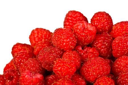 ripe  red wild raspberries isolated on white  backgroundの写真素材