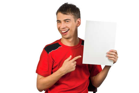 Young successful businessman is showing the advertisement の写真素材