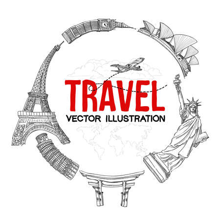 Travelling illustration. Trip to World. Travel to World. Vacation. Freehand drawing. Travel banner. Isolated on a white background.のイラスト素材