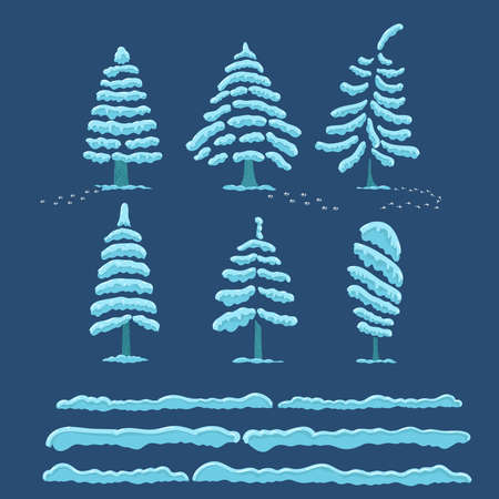 Set snow cap on trees. Snowy elements on blue background. Cartoon style freehand drawing.のイラスト素材