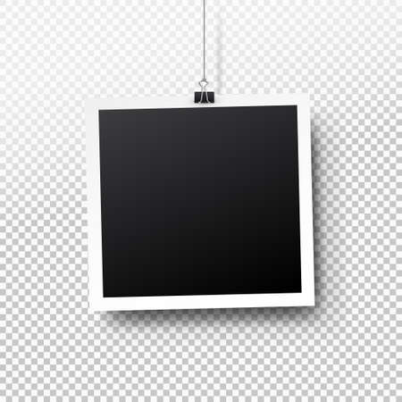 Blank photo frame set hanging on a clip. Retro vintage style. Black empty place for your text or photo. Realistic detailed photo icon design template. Vector illustration. Isolated on transparent background.のイラスト素材