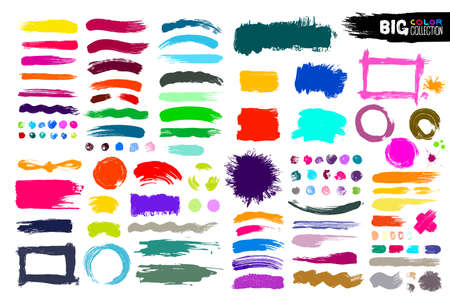 Big collection of color paint, ink brush strokes, brushes, lines. Dirty artistic design elements, boxes, frames. Vector illustration. Isolated on white background. Freehand drawing.のイラスト素材