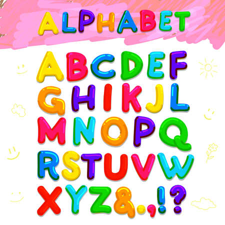 Color kid font. Vector illustration. Isolated on white background. Freehand drawing.のイラスト素材