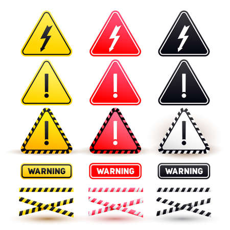 Set of warning signs of attention. Yellow, red and black signs. Vector illustration. Isolated on white backgroundのイラスト素材