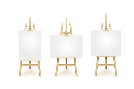 Set of wooden brown easels with mock up empty blank square canvases. Isolated white on background. Vector illustration EPS 10.のイラスト素材