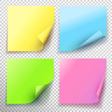 Set of yellow green blue pink sticky note isolated on transparent background. Vector illustrationのイラスト素材