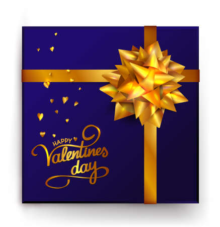 Happy Valentine's gift box with gold ribbon and bow isolated on white background. Greeting cards, brochure or banner template. Vector illustration.のイラスト素材