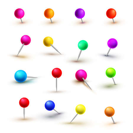Push pins isolated on white background. Push pins for map. Set of colored pens with knob illustration.のイラスト素材