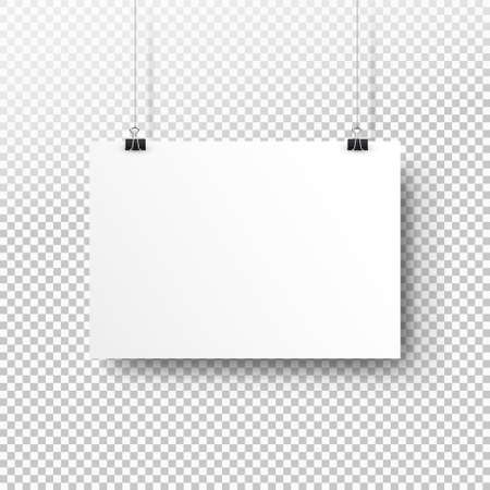 White poster hanging on binder. Transparent background with mock up empty paper blank. Layout mockup. Horizontal template sheetのイラスト素材