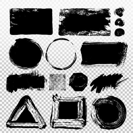 Set of black paint, ink brush strokes, brushes, lines. Dirty artistic design elements, boxes, frames. Vector illustration. Isolated on transparent background. Freehand drawingのイラスト素材