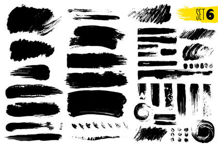 Set of black paint, ink brush strokes, brushes, lines. Dirty artistic design elements. Vector illustration. Isolated on white background. Freehand drawing.のイラスト素材