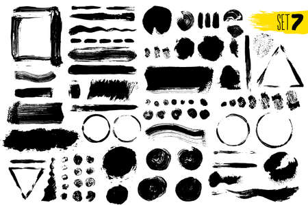 Set of black paint, ink brush strokes, brushes, lines. Dirty artistic design elements. Vector illustration. Isolated on white background. Freehand drawing.のイラスト素材