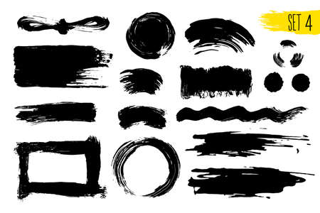 Set of black paint, ink brush strokes, brushes, lines. Dirty artistic design elements, boxes, frames. Vector illustration. Isolated on white background. Freehand drawing.のイラスト素材
