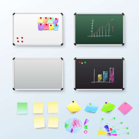 Set of empty board magnets and animation template. Drawing infographic and leaflets for notes. Vector illustration EPS 10. Isolated on white background.のイラスト素材