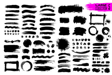 Big collection of black paint, ink brush strokes, brushes, lines. Dirty artistic design elements, boxes, frames. Vector illustration. Isolated on white background. Freehand drawing.のイラスト素材
