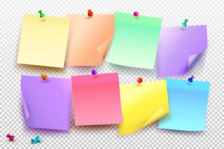 Collection of different colored sheets of note papers with curled corner and push pin, ready for your message. Vector illustration. Isolated on transparent background.のイラスト素材