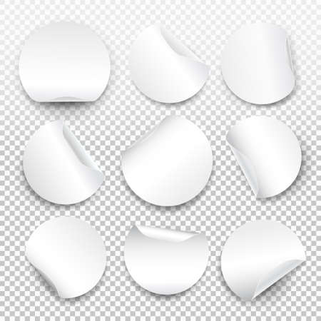 Set of round paper sticker template with bent edge with translucent shadow. Web banner. Element for advertising and promotional message isolated on transparent background. Vector for your designのイラスト素材
