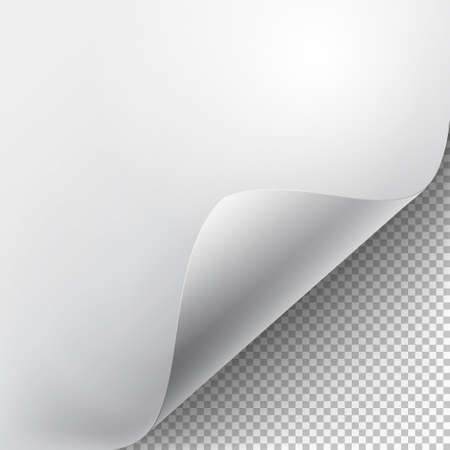 Curved corner of a white paper with shadow. Mock-ups close-up on a transparent background. Vector illustration EPS 10のイラスト素材