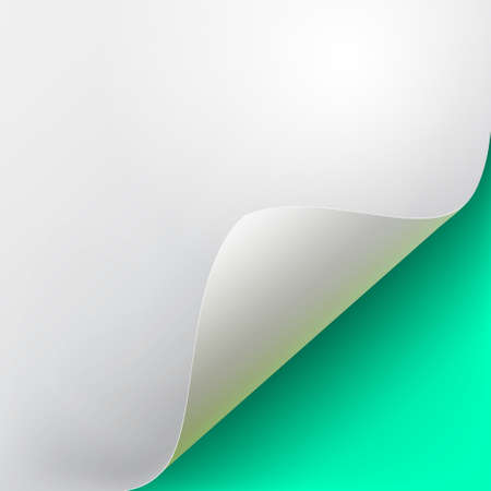 Curved corner of a white paper with shadow. Mockups close-up on a turquoise background. Vector illustration EPS 10のイラスト素材