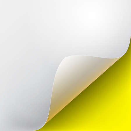 Curved corner of a white paper with shadow. Mockups close-up on a yellow background. Vector illustration EPS 10のイラスト素材
