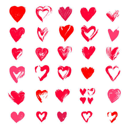 Painted hearts from grunge brush strokes. Collection of love symbols for Valentine card, banner. Distress texture design elements. Vector illustration. Isolated on white background. Freehand drawing.のイラスト素材