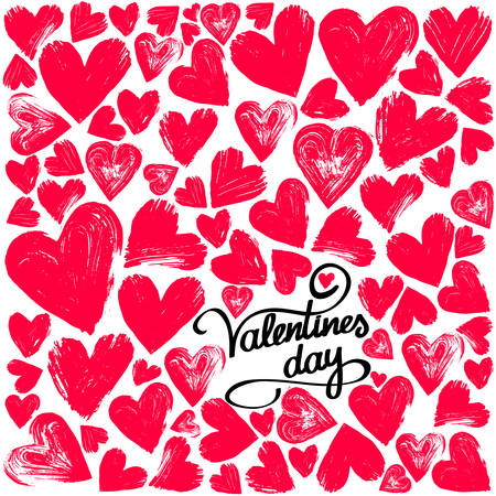 Painted hearts from grunge brush strokes. Collection of love symbols for Valentine card, banner. Distress texture design elements. Vector illustration. Isolated on white background. Freehand drawing.のイラスト素材