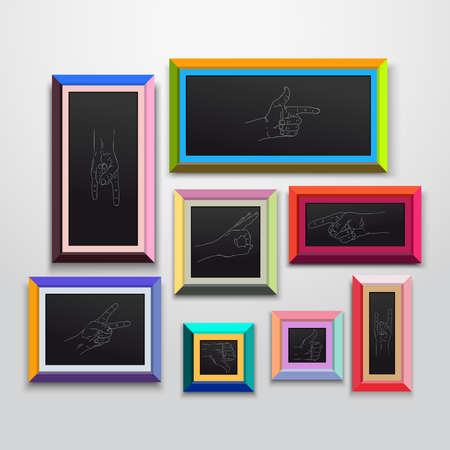 Colored photo frames, set of patterns, isolated on a wall. Hand drawn part. Vector illustration EPS 10. Isolated on white background.のイラスト素材