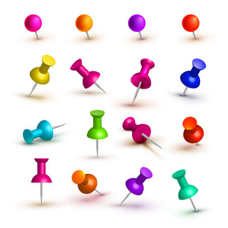 Set of various colorful push pins. Thumb tacks. Top view. Set. Front view. Top view. Close up. - stock vector. Isolated on white background.のイラスト素材