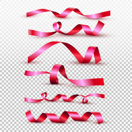 Set of red satin ribbon isolated on transparent background. Vector illustration of curved tapeのイラスト素材