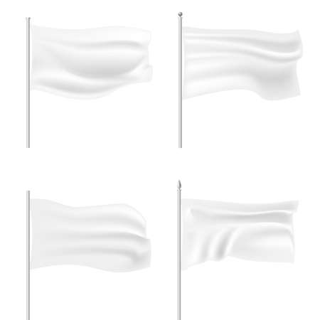 Set of white waving flag template. Clean horizontal canvas, for your design. Empty blank of flag on flagpole. Vector illustration. Isolated on white background.のイラスト素材