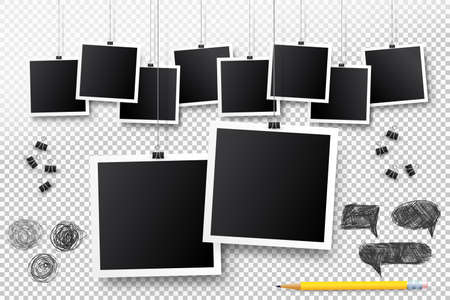 Blank photo frame set hanging on a clip. Retro vintage style. Black empty place for your text or photo. Realistic detailed photo icon design template. Vector isolated on transparent background.のイラスト素材