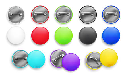 Blank white and colorful badges. Pin button. 3d realistic mockup. Vector illustration EPS 10. Isolated on white backgroundのイラスト素材